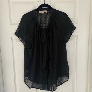 Loft black short sleeve full button blouse with collar tie